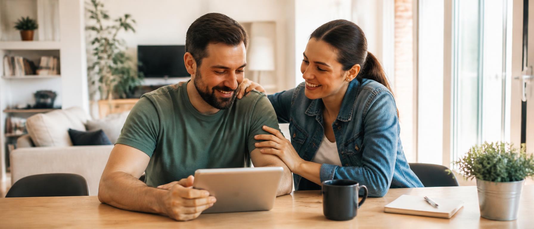 Dos adultos jóvenes conversando en casa mientras consultan recursos en una tablet