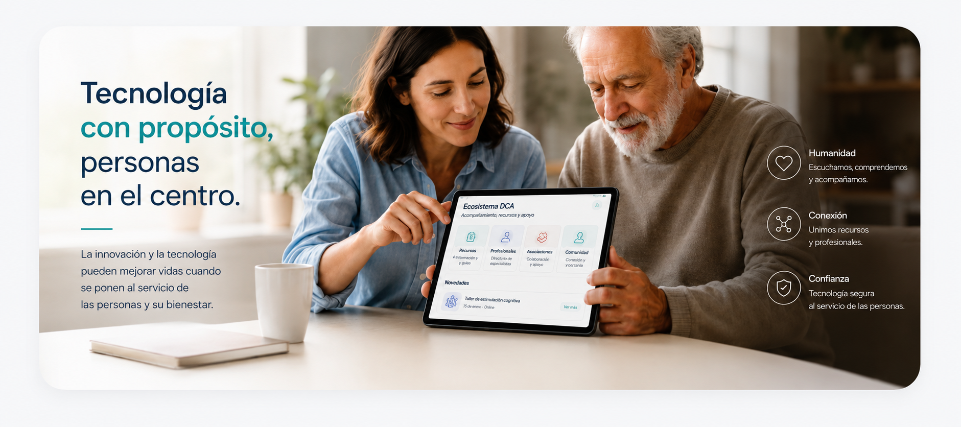 Composición: pareja explorando el ecosistema DCA en una tablet, con principios de humanidad, conexión y confianza