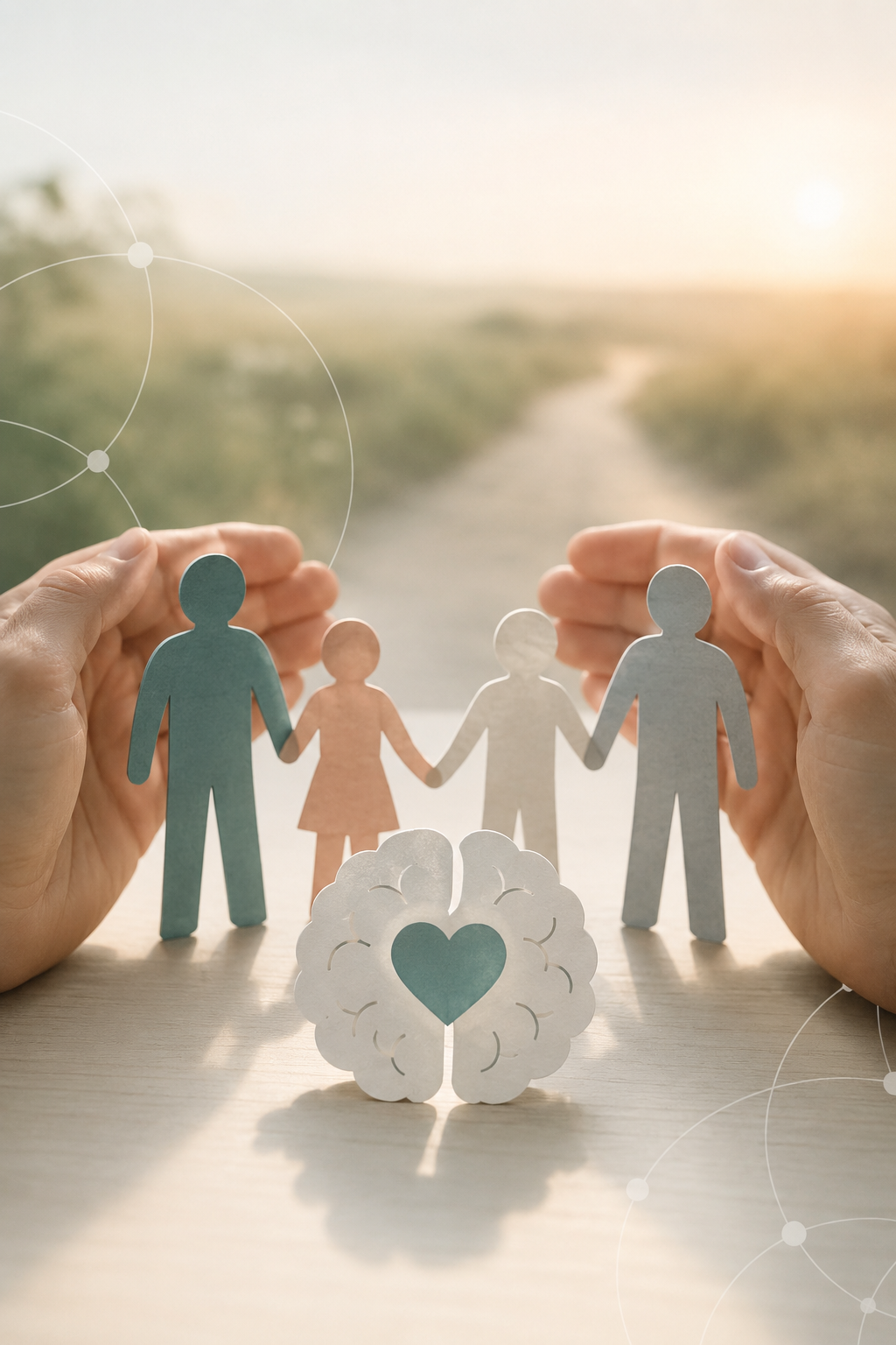 Manos protegiendo figuras de papel de una familia junto a un cerebro con corazón, símbolo de acompañamiento y humanidad